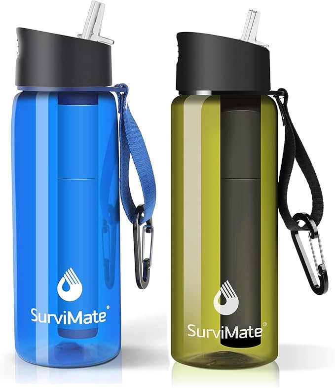 SurviMate Purified Water Bottle for Camping, Hiking, Backpacking and Travel, BPA Free with 5-Stage Intergrated Filter Straw