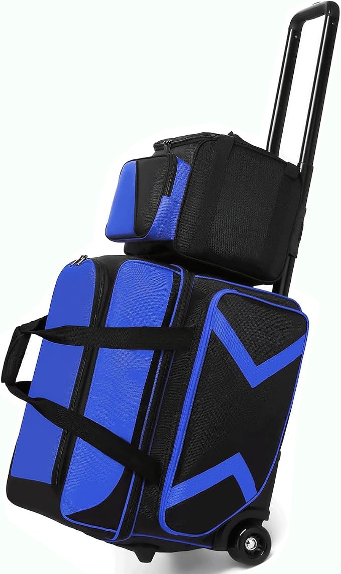 3 Ball Bowling Bags with Wheels and Shoes Compartment, Roller with Multipocket, 2 Ball Bowling Roller Bag + 1 Ball Color Matching Add On Tote (Blue-Black)