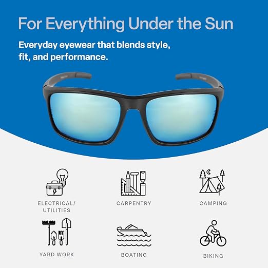 Bullhead Safety Eyewear Crevalle Glasses - Anti-Fog, Lightweight, Impact/Scratch Resistant, Polarized Sunglasses for Biking, Fishing, Driving, Ice Blue Mirror/Matte Black