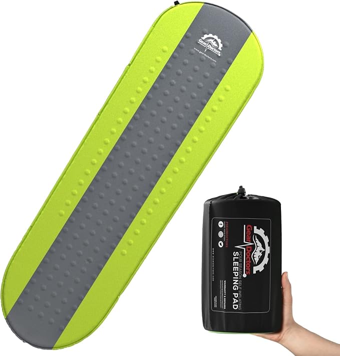 Gear Doctors® Oxylus 4.3 R-Value Insulated Foam Self Inflating Sleeping Pad Camping — Sleeping Pad Backpacking Air Mattress—Camping Mattress Self Inflating Camp Mat 4 Seasons Sleep Mat—Camp/Floor/Tent