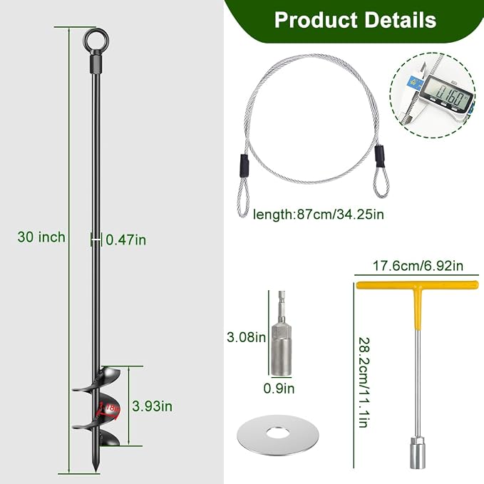 4 Pcs 30" Ground Anchors Shed Anchors Kit Heavy Duty 12mm Solid Steel, Triple-Turn Helix Earth Anchors for Sheds, Carport, Canopy, Gazebo, Trampoline, Mobile Home