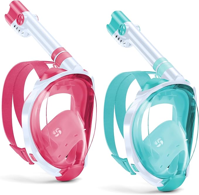 WSTOO Kids Full Face Snorkel Masks,Suitable for Beginners Dry Top Snorkeling Gear,Can Your Mouth or Nose to Breathe,180 Degrees Panoramic View,Anti-Fog Anti-Leak,Summer Travel and Vacationing Gifts