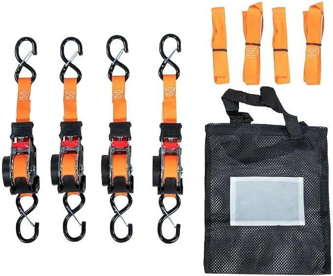 Mytee Products 1'' x 12' Retractable Ratchet Straps Kit with Safety Lock S Hook, 4 Soft Loops & Storage Bag - Self Ratcheting Tie Down Strap with 500 lbs WLL for Boat, Jet Ski, ATVs, Bikes - Orange