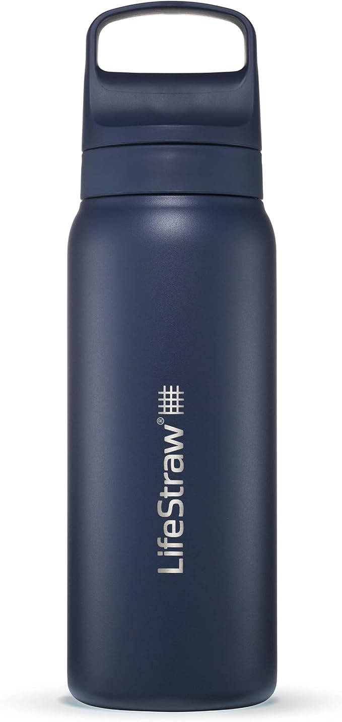 LifeStraw Go Series — Insulated Stainless Steel Water Filter Bottle for Travel and Everyday Use Removes Bacteria, Parasites and Microplastics, Improves Taste, 24 oz, Aegan Sea