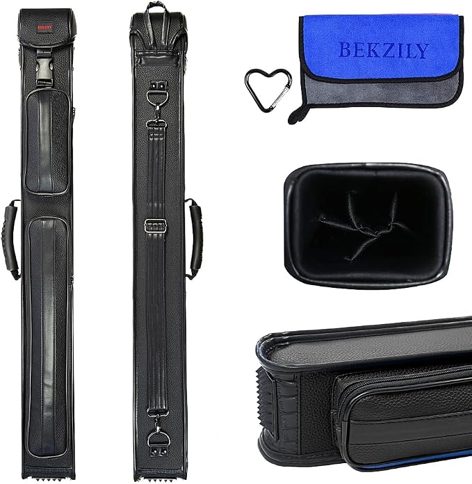 2x3 Billiard Cue Case – Holds 2 Butts & 3 Shafts, PU Leather Exterior, Plastic Buckle Closure, External Accessory Pocket & Towel Hook, Black/Blue/Pink