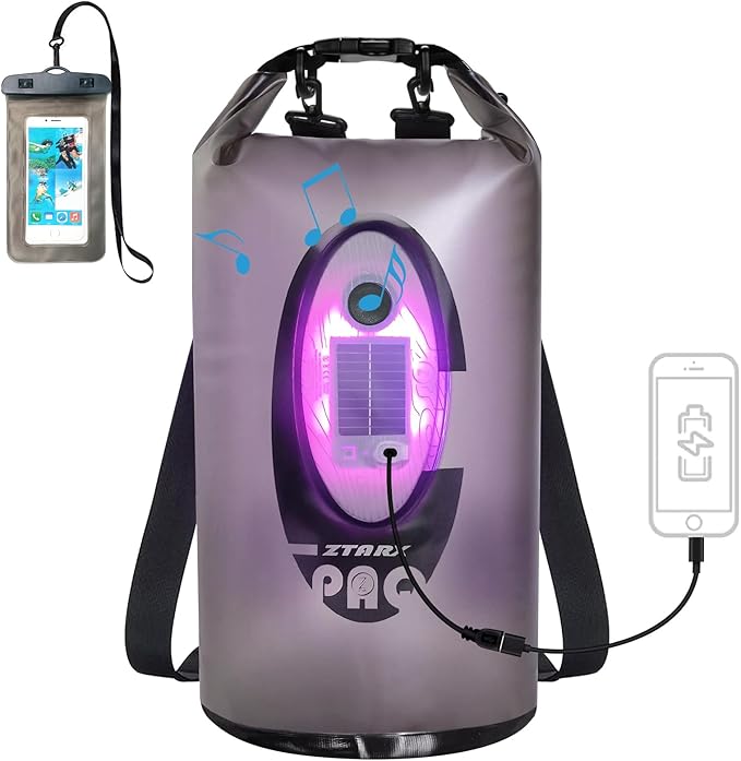 Qoolife Dry Bag Waterproof with Solar Bluetooth Speaker & Light - 10L/20L Roll Top Dry Sack Keeps Gear Dry for Men Women Kayaking, Beach, Rafting, Boating, Hiking, Camping and Fishing