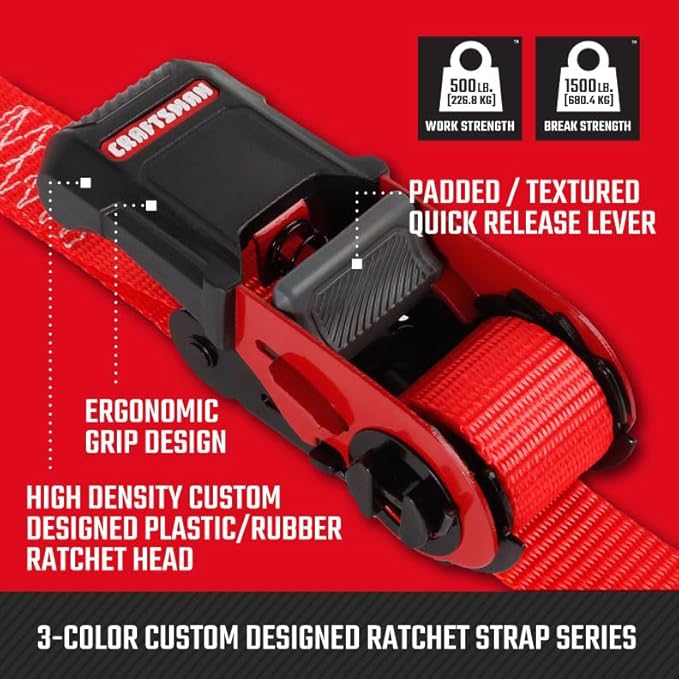 CRAFTSMAN CMXAZBS15004 Black/Red 1" x 12' Ratchet Tie Down Straps - Light/Mid-Weight Duty (1500 lb Break Strength), 4 Pack