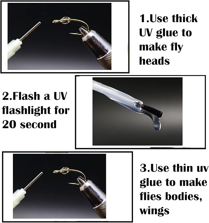 GREATFISHING Fly Tying UV Clear Glue and Power Light Combo Three Bottles Thick Thin and Soft +12 LED Light for Building Flies Heads Bodies Wings and Gluing Eyes