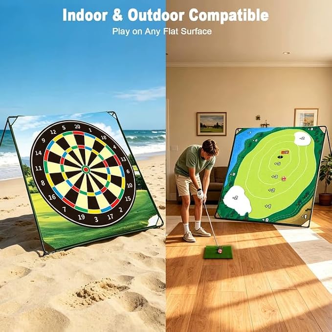 HOTWIND Golf Chipping Game Mat 71" x 71" 2-Sided Hook & Loop Sticky Golf Practice Pad with Stand Portable Indoor Outdoor Backyard Camping Golf Game Accessories for Family Adults (Club Not Included)