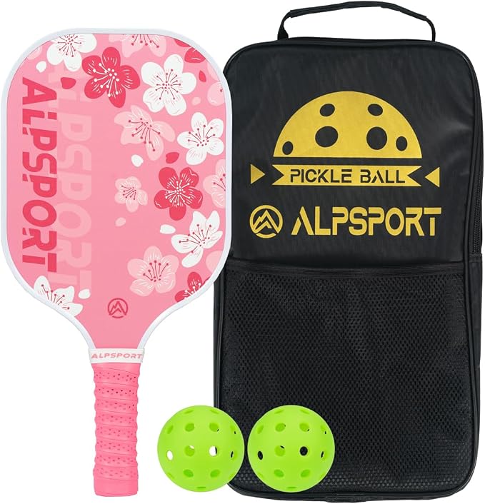 Sakura Pink Pickleball Paddles Set of 1/2, USAPA Approved Fiberglass Graphite Cherry Racquet with Tied Grips, 2 Indoor Outdoor Pickleball Balls, 1 Cover Bag Men Women