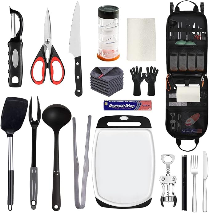 Camp Kitchen Organizer, High Capacity Camping Cooking Utensils Bag, with Paper Towel Holder, Multi-pocket Waterproof Camping Utensils Holder for BBQ Outdoor Cooking Essentials