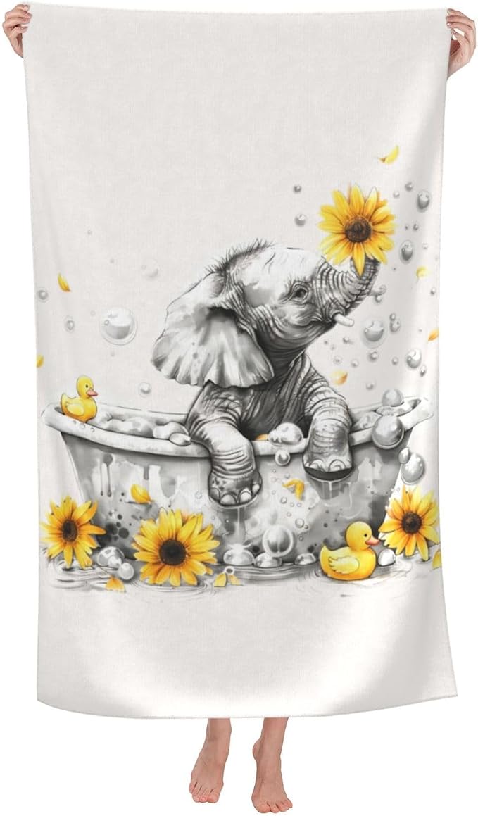 Cute Elephant Beach Towel, 32x52in Microfiber Quick Dry Gold Bathtub Sunflower White Bath Towels, Soft Lightweight Oversized Sand Free, for Travel Pool Swimming Gym Decor, Gifts