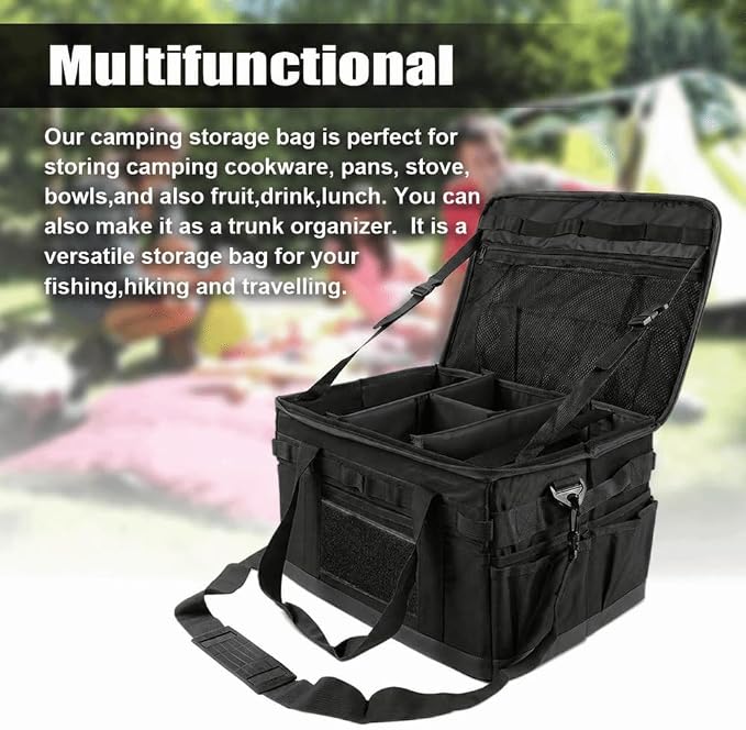 Backpack with Cookware Organizer – Durable Oxford Cloth, Adjustable Shoulder Strap for Camping, Travel, and BBQ, Foldable with Mesh Pockets(Black)