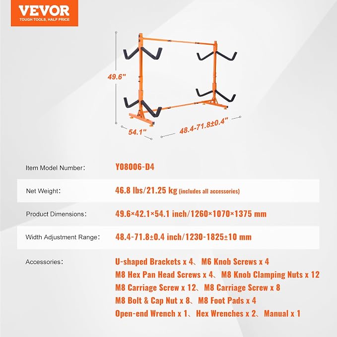 VEVOR Kayak Storage Rack, Heavy Duty Adjustable Freestanding Stand with Lockable Wheels for Indoor Outdoor Garage Shed Dock, Holder for Canoe, SUP, Surfboard & Paddleboard