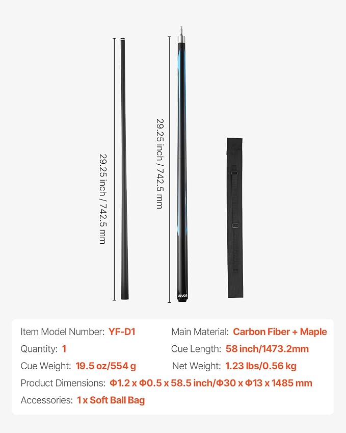 VEVOR Pool Cue, Pool Stick, 58 inch Billiard Pools Cue Stick with Multi-Layer Tip & ABS Connection Ring, Cues Sticks for Professional Pool Table, Bar, Home, Office
