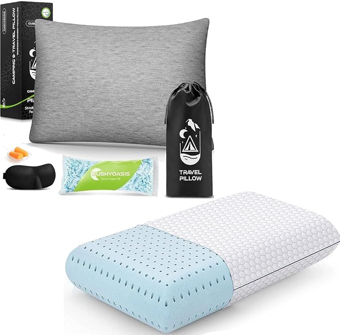 CushyOasis Memory Foam Pillows & All-in-1 Camping Pillow Set, Bed Pillow with Washable Cover