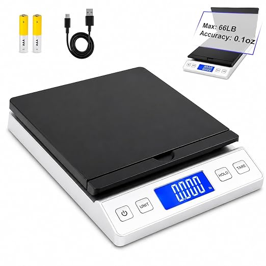 Smart Weigh Digital Postal Shipping Scale, 66 lb Capacity, 0.3 oz Readability, Hold & Tare Function, High-Accuracy Scale, Includes Batteries & USB-C