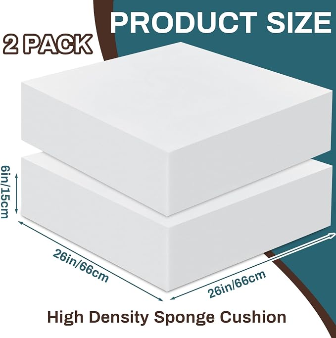Frienda 2 Pack 6 x 26 x 26 Upholstery High Density Foam Cushion Replacement Square Cut to Size Foam Couch for Chair Couches Padding Shipping Packing DIY Cosplay Projects(White)
