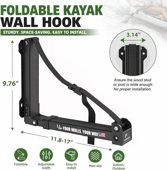 Kayak Storage Hooks Wall Mount Rack, Heavy Duty Garage Storage Hangers with Folding Arms, Adjustable Width, Non-Slip Padding and Secure Strap for Kayak Canoe Paddle Board Surfboard, Indoor Outdoor Use