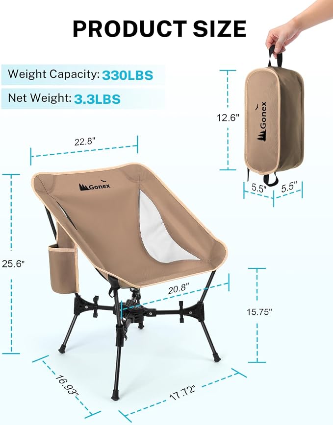 Gonex Portable Camping Chair, The 5th Gen Ultralight Compact Backpacking Foldable Lightweight Folding Chair for Outdoor Camp Hiking Beach Picnic Concert, Supports 330lbs (Khaki, 1 PCS)