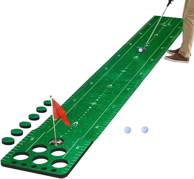 Chriiena Golf Putting Game Mat, Indoor Putting Green Set for Party Game | With 2 Balls, 1 Flag & Cup, Portable Pong Game Mat, Golf Games for Adults, For Backyard, Office, Party Use
