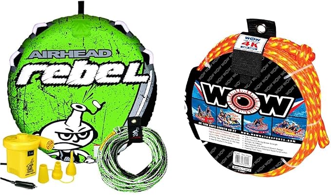 Airhead 1 Rider Tube Kit, Wow Sports 60 ft Tow Rope - Rebel Towable with Rope, Pump, Kwik-Connect, Full Nylon Cover and Floating Foam Buoy