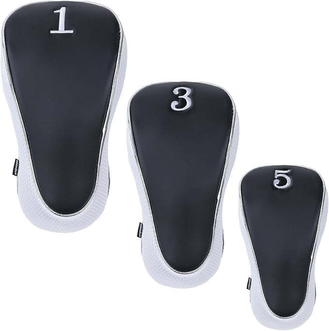 Andux Golf Wood Club Head Covers with Hook & Loop Set of 3 | for 460cc Driver Fairway Short Neck Faux Leather and Nylon-mesh Embroidery thread Number