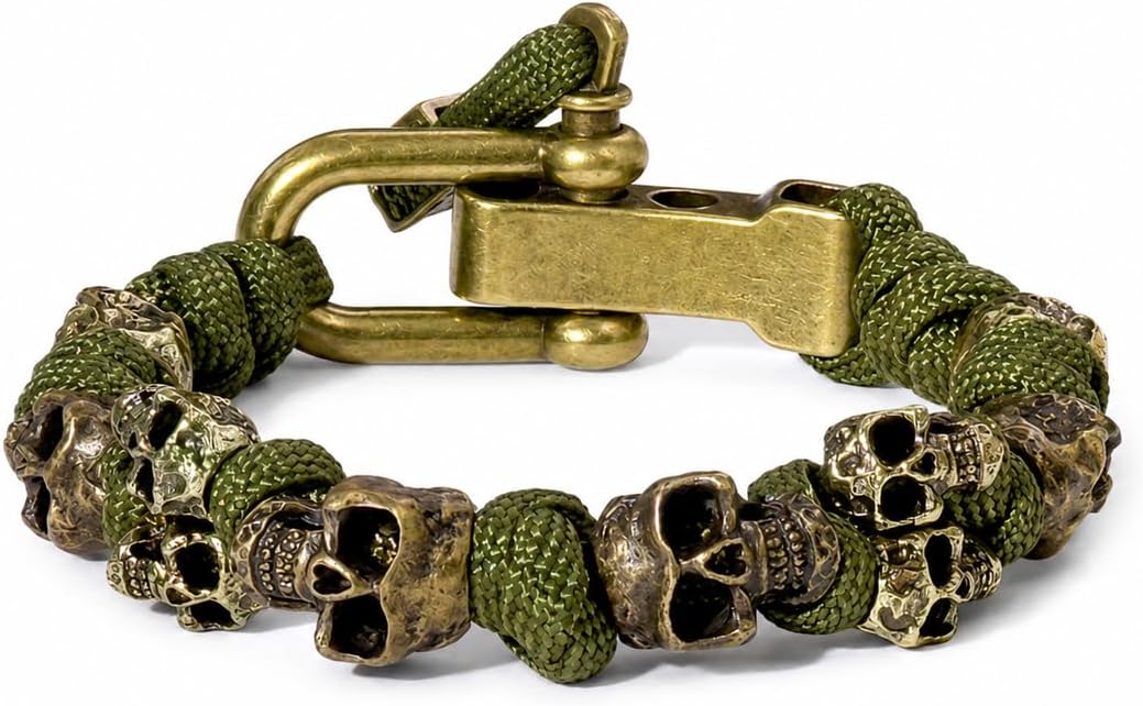 Skull Paracord Bracelet Black Green Paracord Bracelet Adjustable Gothic Design Bracelets with Metal Skull Charms U-Shackle Closure