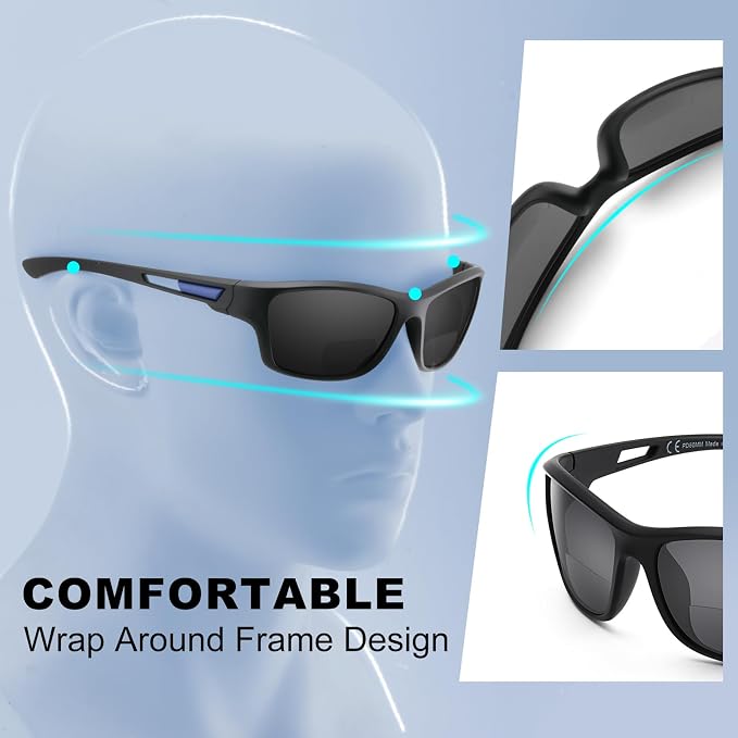 Missfive Premium Bifocal Reading Sunglasses Men Lightweight Wrap Around Design Sun Readers, UV Protection, Sports/Outdoor/Driving,1.75x
