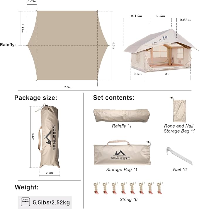 SENLEETO 10' x 8' Camping Tent Tarp Fits for 6/8 People, 4 Season UV Protection,PU 3000mm Waterproof, Multifunctional Ultralight Shelter Awning Sunshade, Portable for Traveling Hiking Outdoors