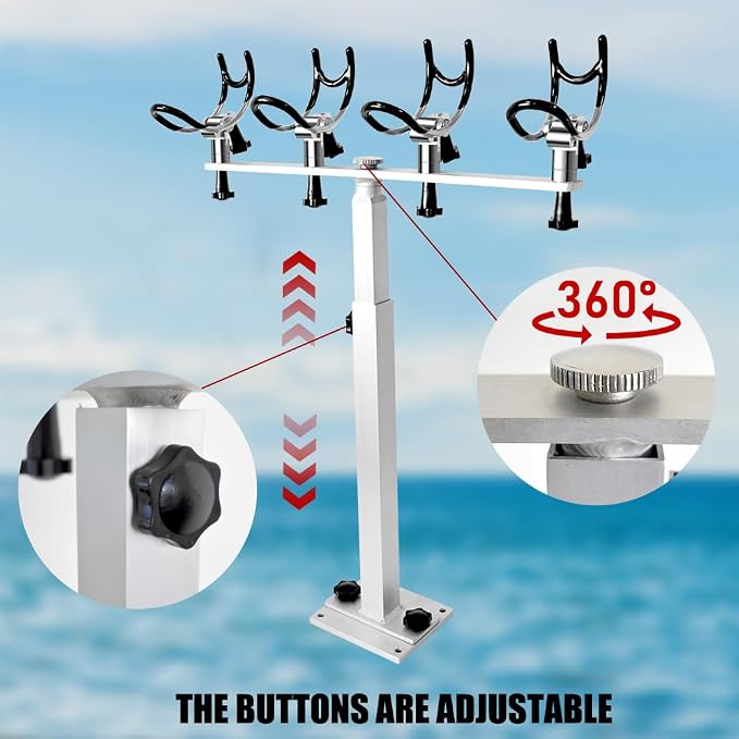 360 Degree Rotation & Adjustable Height PVC Coated Aluminum Fishing Rod Holder with Mounting Plate for Boat Yachts and More