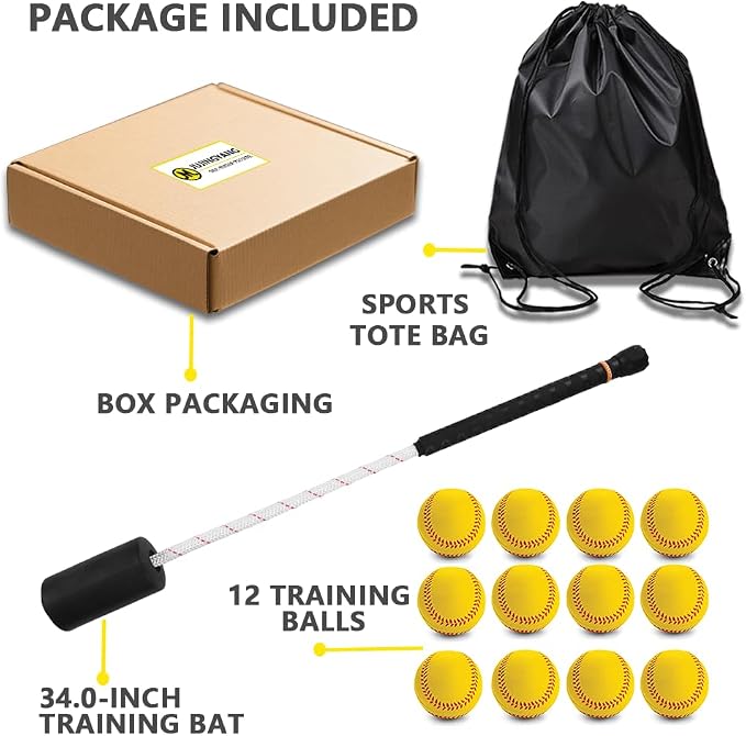 Baseball & Softball Swing Trainer Bat - Batting Practice Equipment - Includes Rope Swing Training Bat with 12 Training Balls & Tote Bag, Training Tool, Batting Aid