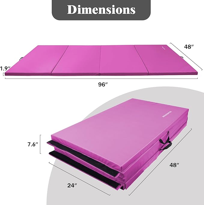 Fitvids 4'x8'x1.9" Gymnastics Mat, Home Exercise Mat with Carrying Handles, Folding Gym Workout Tumbling Mat for Yoga, Pilates, Stretching, MMA, Core Workouts, Fitness Aerobics Mats for Gym Training