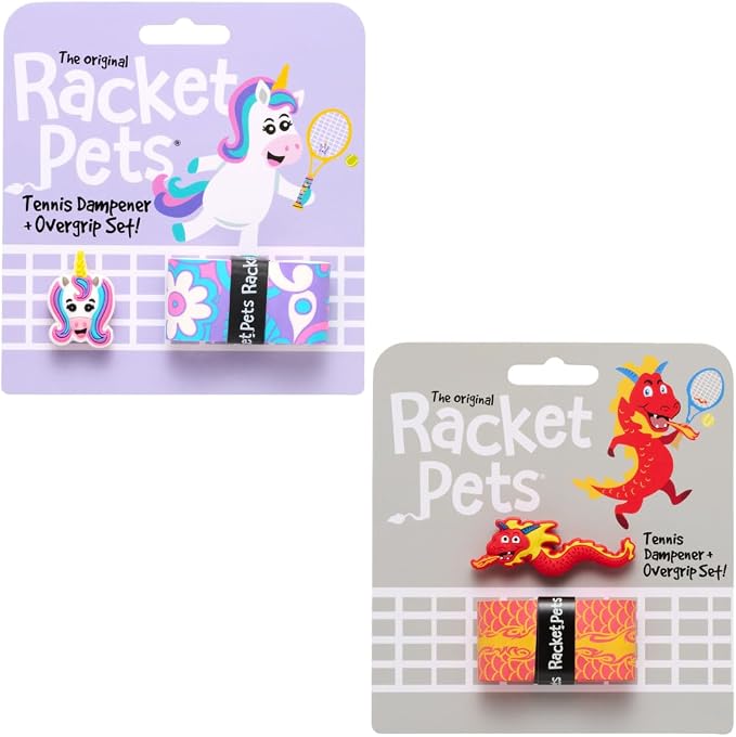 Racket Pets Kids Tennis Racket Dampener & Matching Overgrip Tape, Unicorn & Dragon