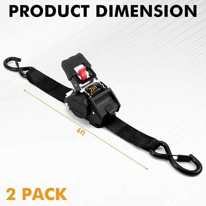 LEVELEVE Retractable Ratchet Tie Down Straps (2" x 6FT, 2-Pack, Black) - Heavy Duty 4000LBS Break Strength Quick-Lock, Weather Resistant for Moving, Cargo, Trucks & Boats