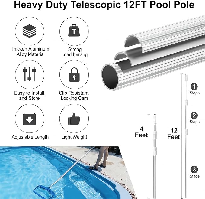 12 FT Telescopic Pool Pole & Heavy-Duty Deep Mesh Pool Skimmer Net Bundle – Adjustable Aluminum Pole with Fine Mesh Leaf Rake for Swimming Pools & Ponds