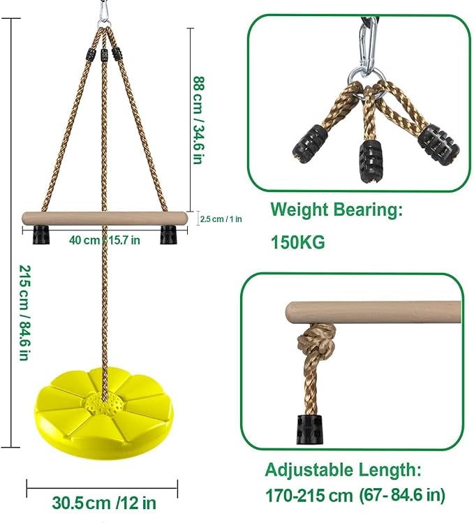 REZNOR Disc Swing for Kids Swing Set Accessories, 7FT Height Adjustable Gym Monkey Bar, Tree Swing for Backyard (Yellow)