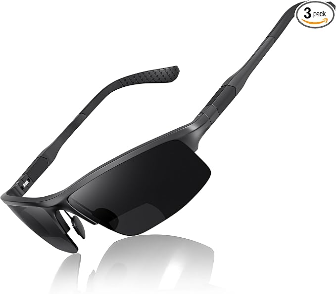 SKYOAK Sports Bifocal Reading Sunglasses Men Wrap Around UV 400 Protection Aluminum Frame Glasses Spring Hinge Semi Rimless Sun Readers Built In Driving/Running/Fishing Gunmetal, 3.0