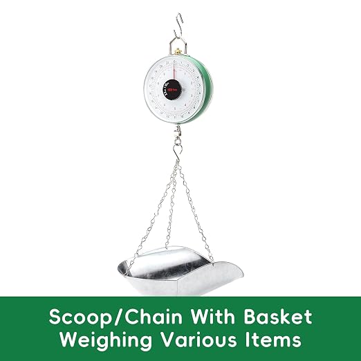 Tada 22LBS Double-Sided Dial Mechanical Hanging Scale with Scoop/Chain for Farm, Kitchen Food and Produce Weighing