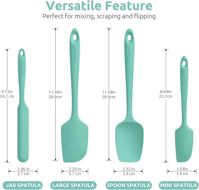 High Heat Resistant Silicone Spatulas: U-Taste 480ºF Hot Proof Food Grade Flexible Silicon Baking Scraper, Food Grade Rubber Kitchen Cooking Mixing Utensils for Nonstick Cookware Set of 4 (Aqua Sky)