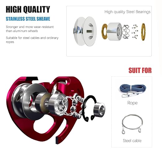 Pulley Zipline Trolley Kit with 25kN Carabiner Double Tandem Dual Pulley Speed Dual Trolley, Red with Carabiner
