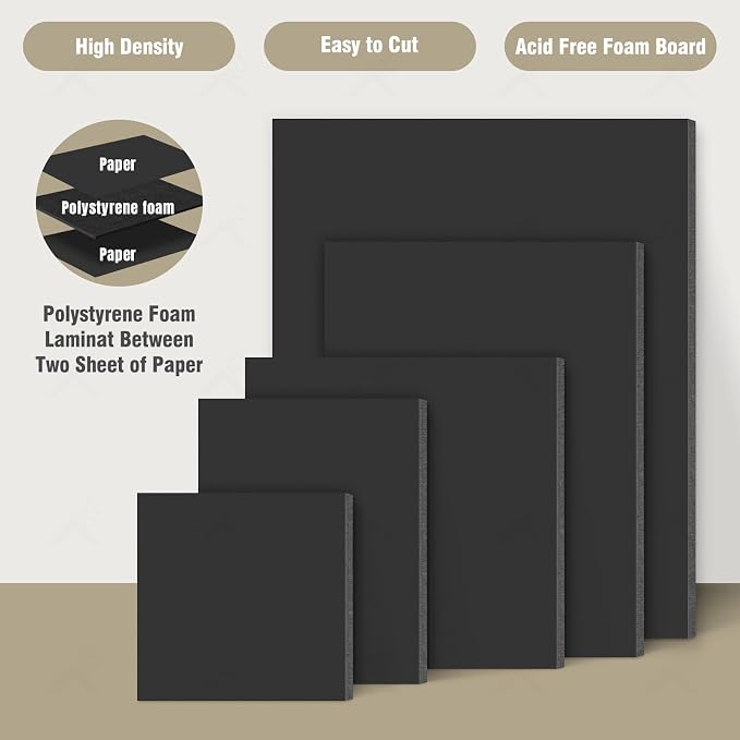 Golden State Art, Acid Free 5 Pack 8x10 Black Foam Boards Foam Core Poster Board, 3/16'' Thick Polystyrene Foam Sheet for Projects, Mounting, Crafts, Art and Presentations