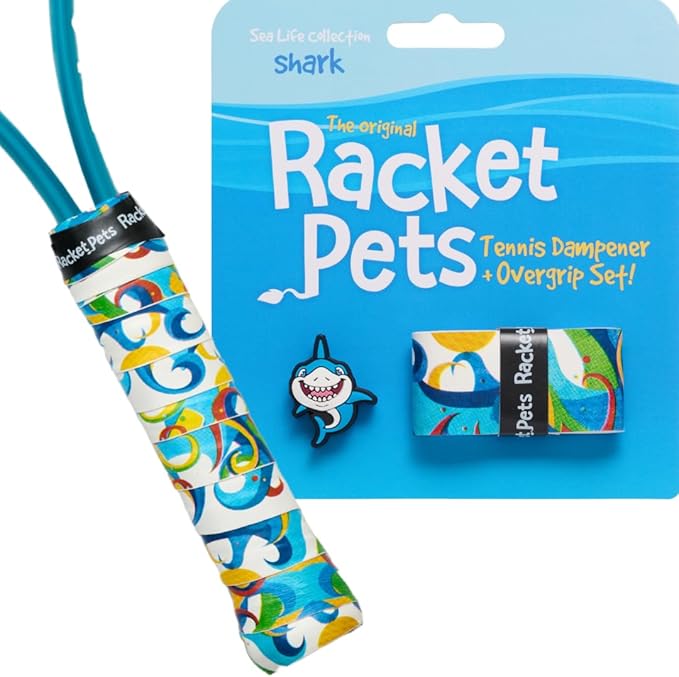 Racket Pets Kids Tennis Racket Dampener & Matching Overgrip Tape, Shark & Alligator