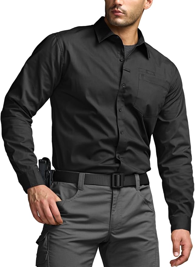 CQR Men's Long Sleeve Tactical Shirts, Ripstop Military Work Shirts, UPF 50+ Breathable Button Down Outdoor Hiking Shirt