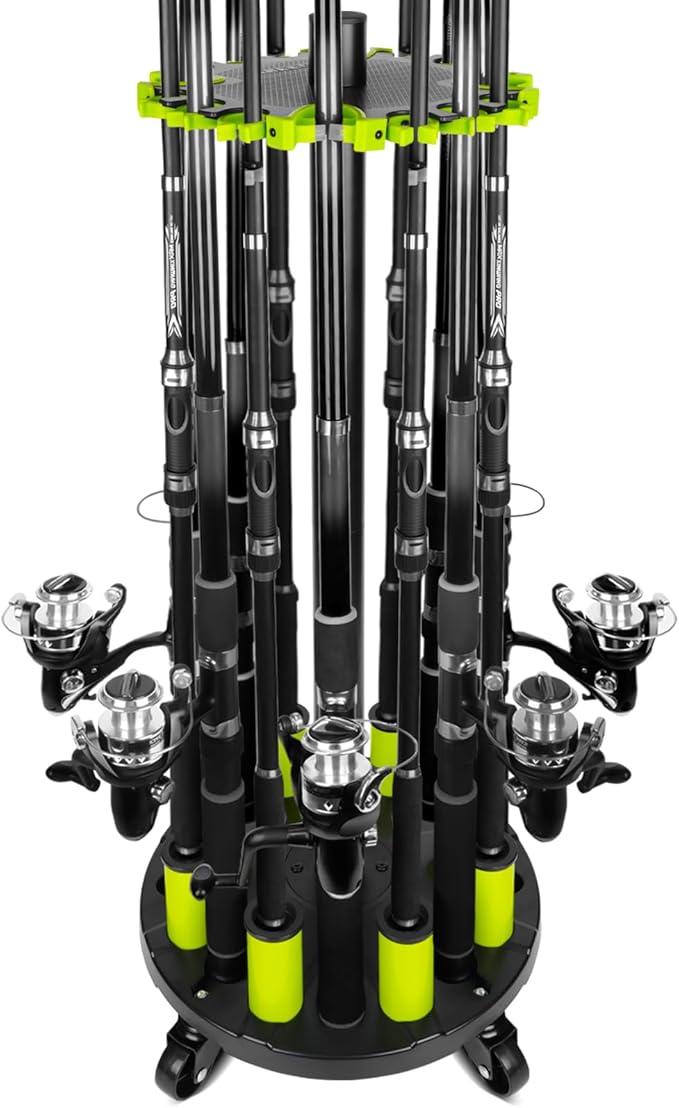 Hikeen Fishing Rod Holder for Garage, Fishing Pole Holders Rod Rack, Holds up to 20 Rods with Rolling Wheels, Fishing Gear Equipment Storage Organizer