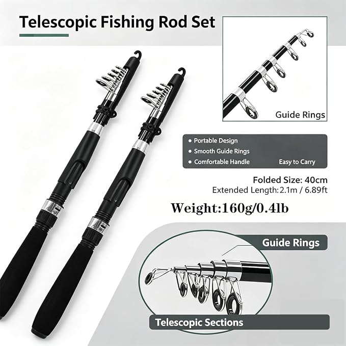Fishing Pole Combo Set,2.1m/6.89ft 2PCS Collapsible Rods 2PCS Spinning Reels Lures Set Carrier Bag Carbon Fiber Telescopic Fishing Rods Sea Saltwater Freshwater Kit Fishing Rod Reel Combos