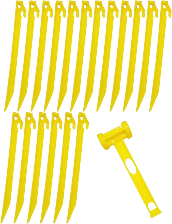 18x Heavy Duty Extra Long 13-3/4" Plastic Tent Awning Pegs, Tent Stakes, Sand Stakes with 1x Hammer for Beach Camping Caravan