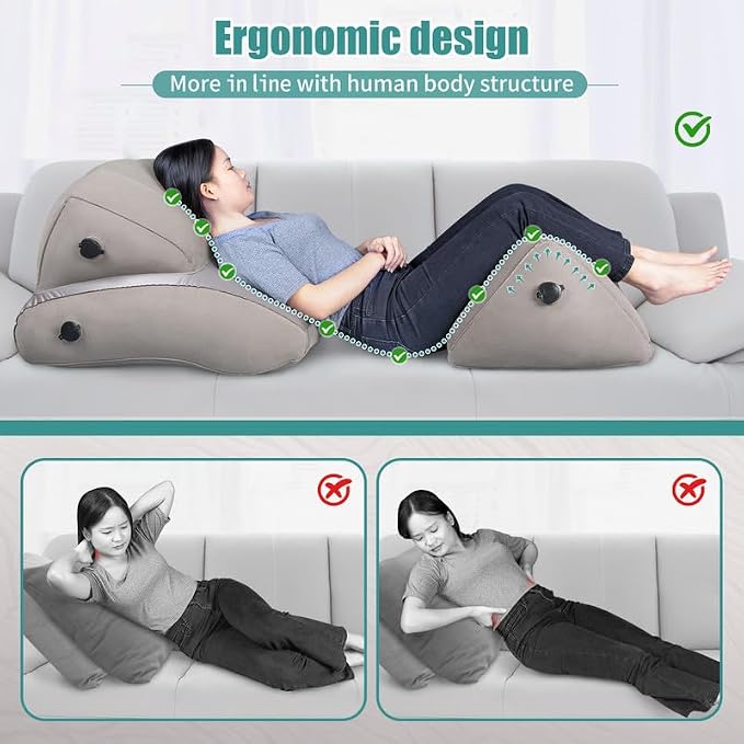 SAHEYER Inflatable Bed Wedge Pillow Set, 2 PCS Post Surgery Support Pillow for Back, Knees, Leg Pain Relief, Adjustable Sitting Pillows for Anti Snoring, Heartburn, GERD Sleeping (Grey)