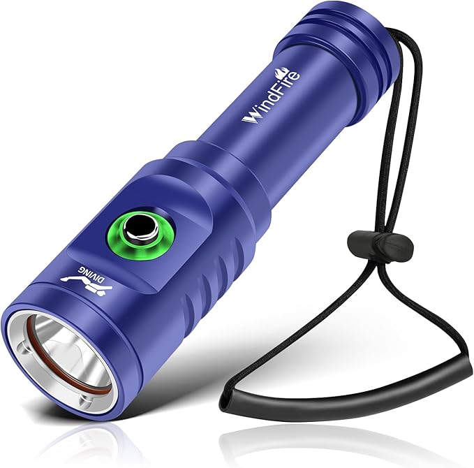 WINDFIRE TS08 Scuba Diving Flashlight, Super Bright Dive Light Rechargeable, 3 Modes Underwater Flashlight, 192 ft Depth IP68 Waterproof Aluminum Torch for Snorkeling, Caving (Blue)