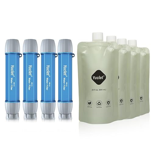 Yuclet Squeeze Water Filtration System for Hiking, Camping, Travel, and Emergency Preparedness (4 Water Filter Straw, 4 Squeezable 20-Oz Water Pouch)